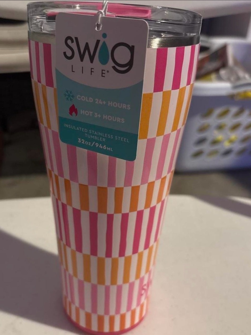 Swig Life 32oz Insulated Tumbler in Pink & Orange Stripe